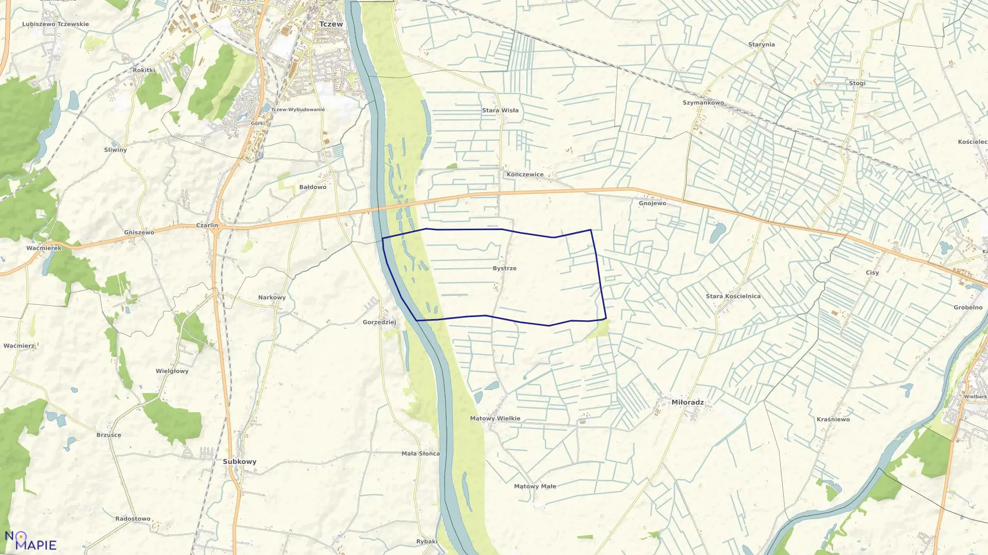 Mapa obrębu Bystrze w gminie Miłoradz