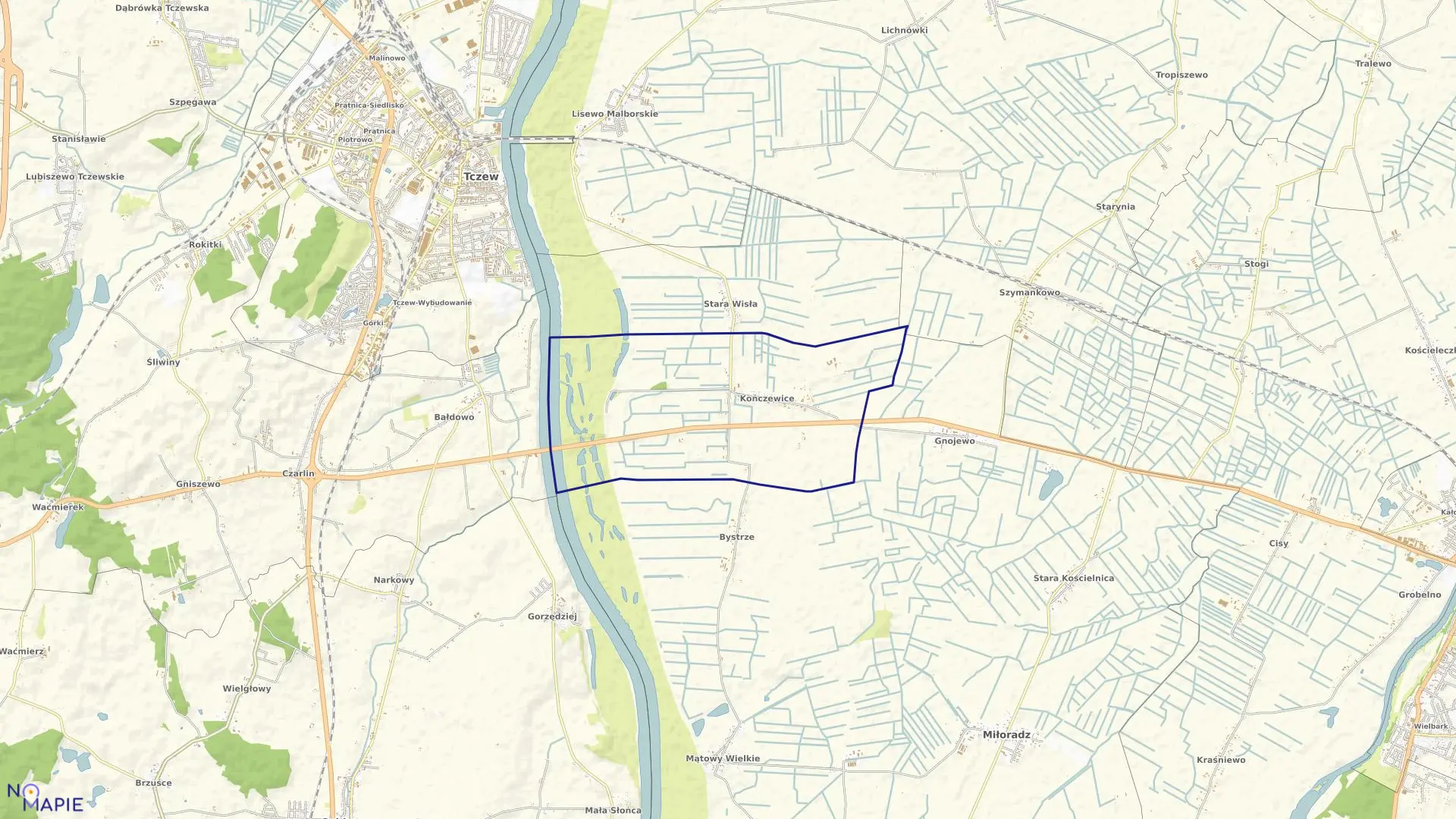 Mapa obrębu Kończewice w gminie Miłoradz
