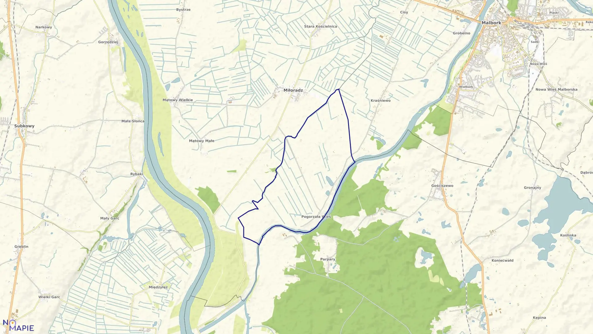 Mapa obrębu Pogorzała Wieś w gminie Miłoradz