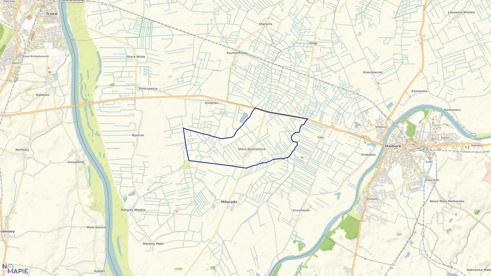 Mapa obrębu Stara Kościelnica w gminie Miłoradz