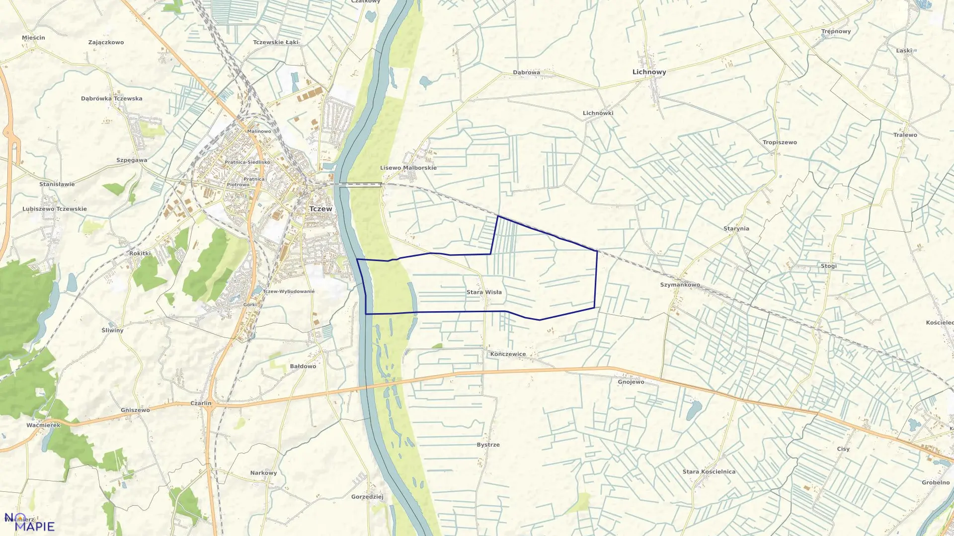 Mapa obrębu Stara Wisła w gminie Miłoradz